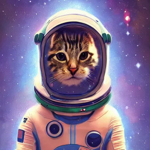 Image similar to head and shoulders masterpiece portrait of a cute adorable cat wearing a spacesuit, surreal background, digital art by krenz cushart, trending on artstation, cgsociety,