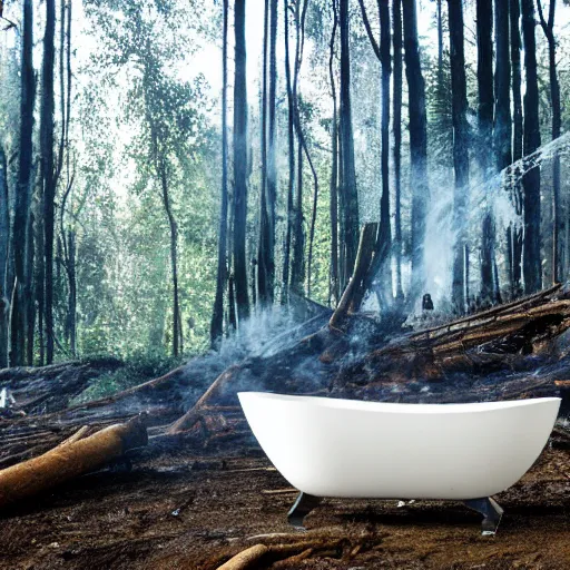 Prompt: pristine porcelain bath filled with bubbles in a clearcut rainforest, slash and burn, cleared forest, deforestation, bubble bath, overflowing with bubbles, tree stumps, smouldering charred timber, pile of timber