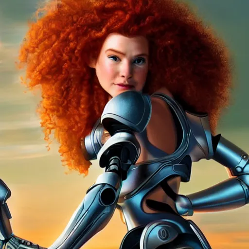 Prompt: high detailed close up of, energetic female cyborg Disney princess Merida, wearing futuristic cybernetic battle armor, balance composition, dramatic lighting, 8k, painted by Alex Ross