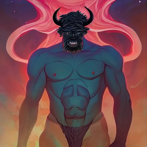 Image similar to Joshua Middleton comic art, A large black bison deity with bright fiery eyes, Dark Bison God, thick black smoke, nebulous, stormy skies, midnight, indigo, Ancient Mesoamerican god, American Gods