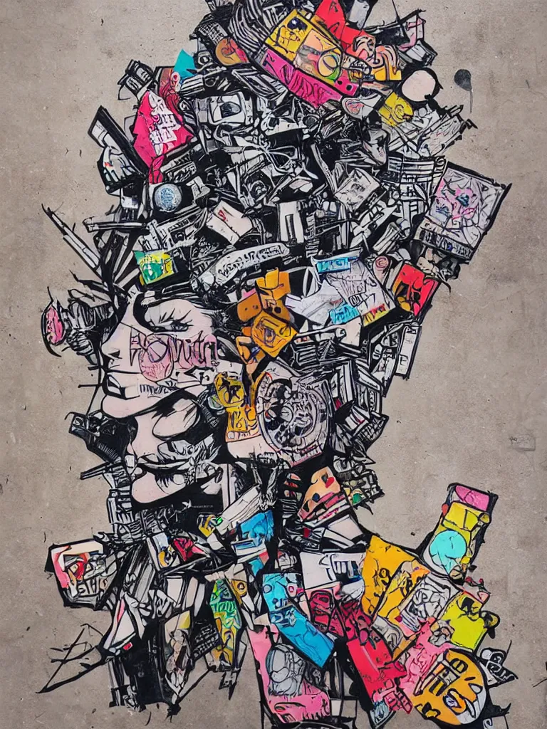 Prompt: a multilayered mixed media on cardboard street art bursting with nostalgic pop culture references, punk symbols and tattoo designs, art by stikki peaches