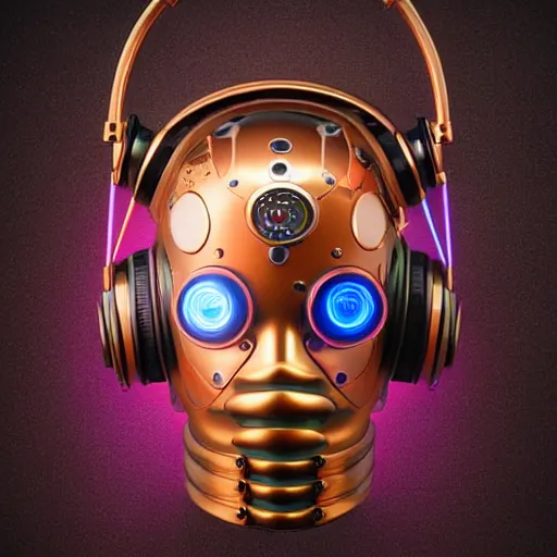 Image similar to a glossy claymodel of a steampunk robot head with glowing futuristic steampunk headphones, 8 k, symetrical, flourescent colors, halluzinogenic, multicolored, insanely detailed, black background, 3 d render,