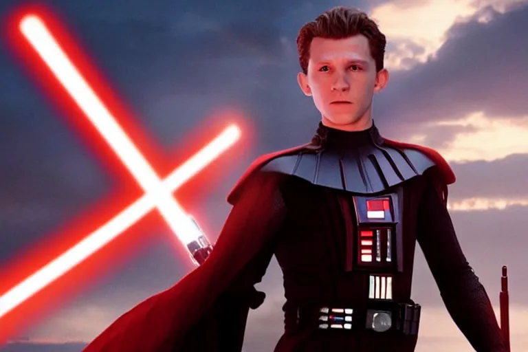 Image similar to tom holland as a sith in a new star wars film, 3 5 mm photography, highly detailed, cinematic lighting, standing pose, holding lightsaber 4 k