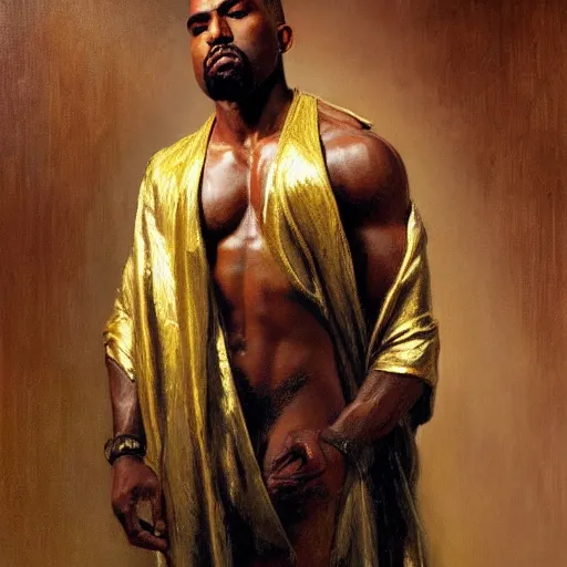 Image similar to detailed realistic cinematic wide shot of beautiful attractive muscular kanye west with gold chain wearing blue bath robe slim face symettrical face clean skin black eyes black robe smooth, sharp focus, ultra realistic, spring light, painting by gaston bussiere, craig mullins, j. c. leyendecker