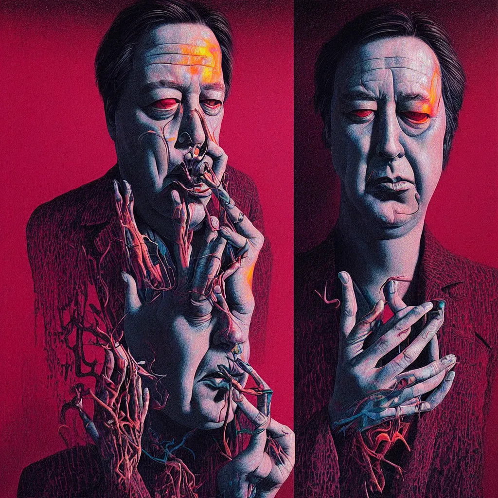 Image similar to psychedelic portrait of bill hicks smoking in the style of hans giger, alex grey, lynchian atmosphere, film noir, concept art, art by kuvshinov ilya and zdislav beksinski and wayne barlowe, vivid colors