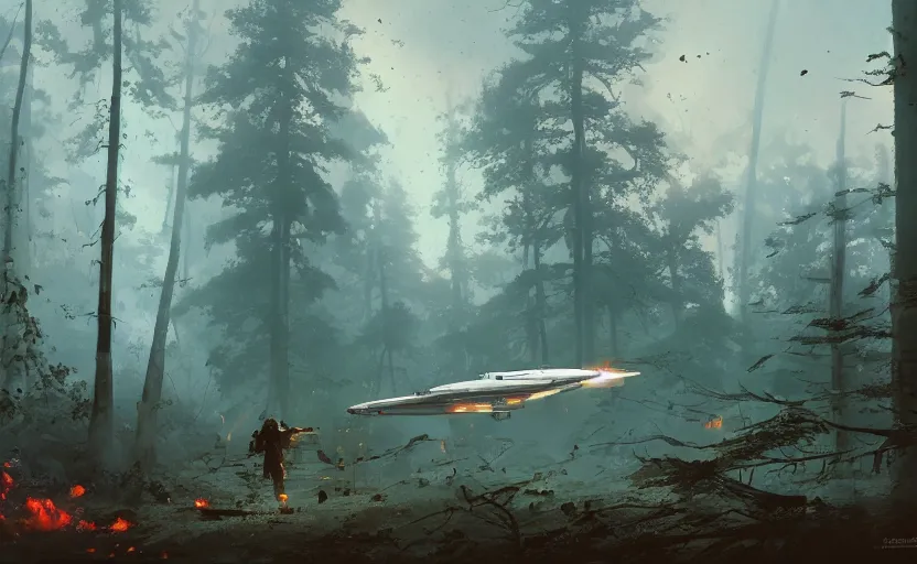 Image similar to one single fighter design spaceship on fire crashed on the ground, on the ground, smoke, smoke, cloudy air, forest, swamp. Atmospheric lighting, overgrowth. By Makoto Shinkai, Stanley Artgerm Lau, WLOP, Rossdraws, James Jean, Andrei Riabovitchev, Marc Simonetti, krenz cushart, Sakimichan, trending on ArtStation, digital art.