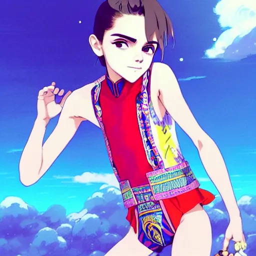 Image similar to a beautiful boyish emma watson alluring instagram model, wearing elaborate japanese hiphop leotard outfit with mayan pattern and native fashion, aztec street fashion bathing suit, jrpg fashion, gapmoe yandere grimdark, trending on pixiv fanbox, painted by greg rutkowski makoto shinkai takashi takeuchi studio ghibli, akihiko yoshida