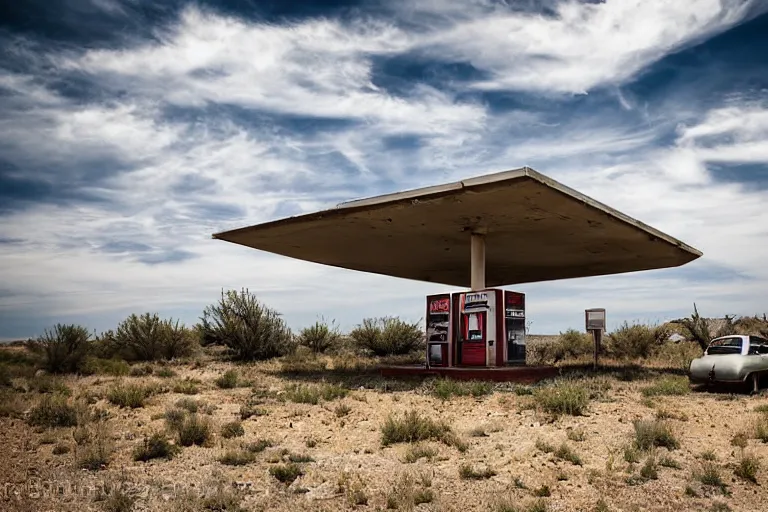 Prompt: an abandoned gas station in the american west