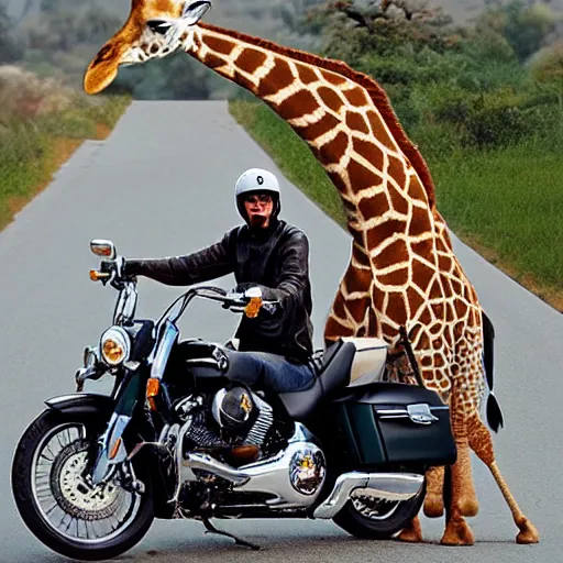 Image similar to giraffe on a Harley Davidson on the road, funny picture
