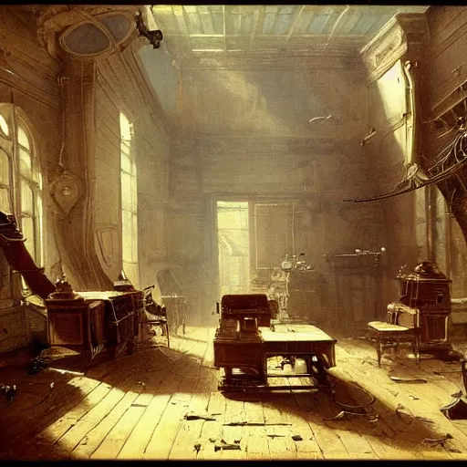 Image similar to painting of a scifi ancient civilzation victorian empty room with scifi gadgets, andreas achenbach