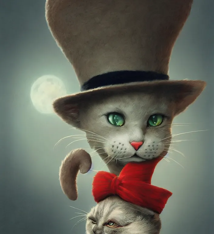 Prompt: complex 3 d render, hyper detailed, ultra sharp, of the cat in the hat, scary, cinematic, natural soft light, rim light, octane render, art by greg rutkowski and craig mullins and artgerm, dr seuss