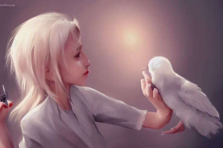 Prompt: a blonde girl playing with white bird, gloomy, highly detailed, digital painting, artstation, concept art, smooth, sharp focus, illustration, art by CLAMP, Hino Matsuri