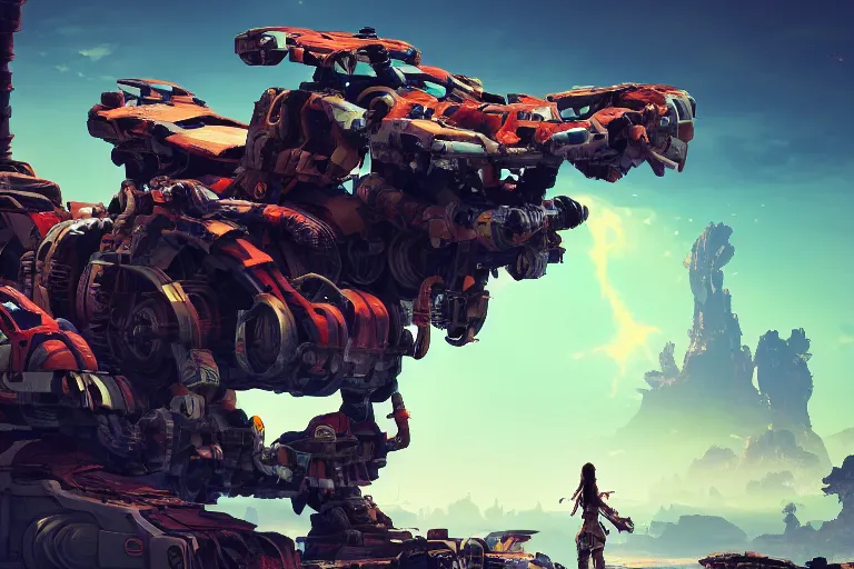 Image similar to scrapper machine mecanical creature robot of horizon forbidden west horizon zero dawn radiating a glowing aura global illumination ray tracing hdr fanart arstation by ian pesty and alena aenami artworks in 4 k