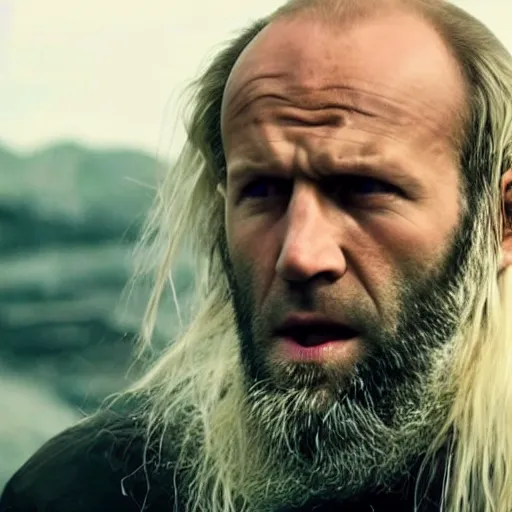 Image similar to an film still of jason statham with long white hair and long beard, cinematic, dramatic action