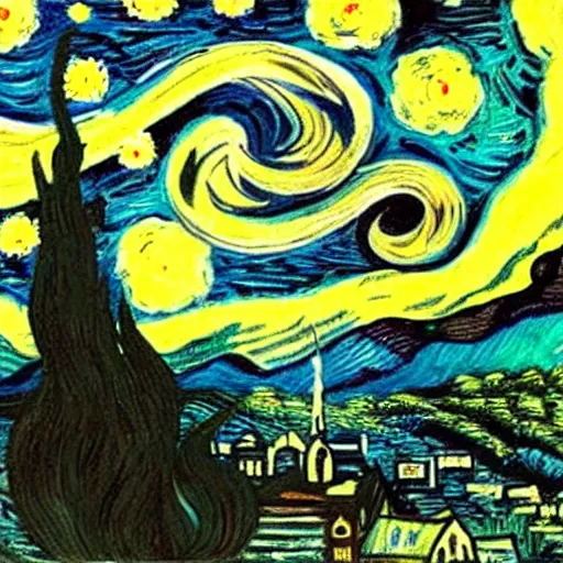 Image similar to cthulhu coming from the night sky of a city, painting by van gogh