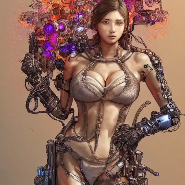 Image similar to the portrait of true neutral semi - colorful female cyborg mechanist as absurdly beautiful, gorgeous, elegant, young swimsuit model, an ultrafine hyperdetailed illustration by kim jung gi, irakli nadar, intricate linework, bright colors, octopath traveler, final fantasy, unreal engine 5 highly rendered, global illumination, radiant light, detailed and intricate environment