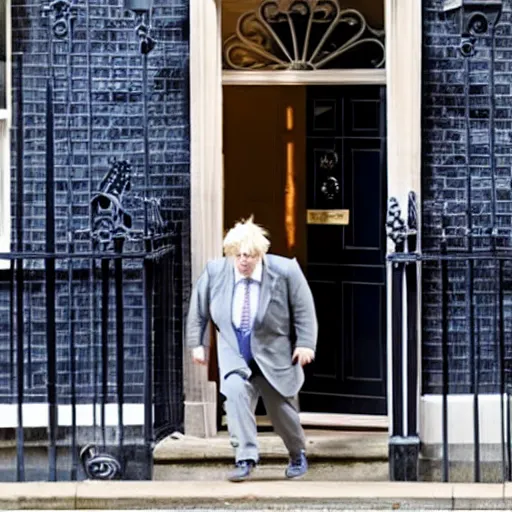 Image similar to boris johnson with a wig sneaking out of 1 0 downing street, hyperrealistic,