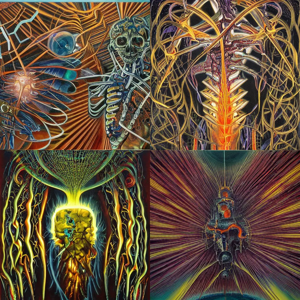 Prompt: a painting titled macroscopic cybernetic exobiome soul fracture, oil on canvas by Ernst Dagelaue (1996)