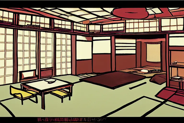 Image similar to high detail concept art of japanese room, sen no rikyu, urasenke, tokonoma, paint style
