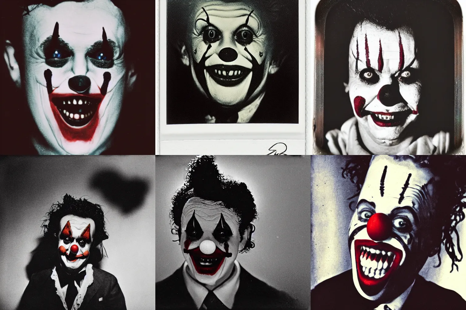 Image similar to A highly detailed head and shoulders masterpiece eerie polaroid of a clown in eraserhead smiling, horror, scary, terrifying, horrific, nighttime, dimly lit, creepy hd 4k