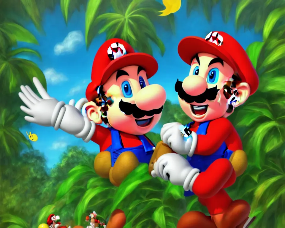 Prompt: mario laughing uncontrollably, romantic, enchanting, achingly beautiful, graphic print, trending on artstation, jungle, tropical, foliage