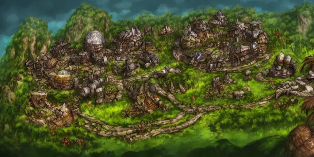 Prompt: Orc village in the middle of the forest. In style of Ragnarok Online, Korean MMORPG, epic, professional art, digital art, 8K, concept art.