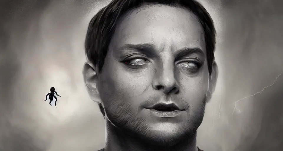 Image similar to portrait of Tobey Maguire as Arachne. Digital art, fantasy, epic, dramatic, volumetric lighting, trending on artstation, detailed, 8k