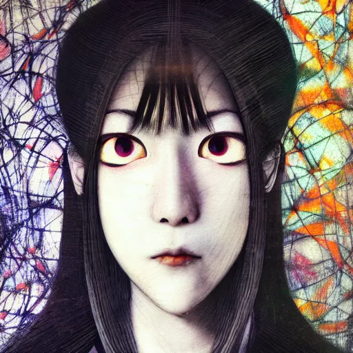 Image similar to yoshitaka amano blurred and dreamy realistic portrait of a woman with black eyes and white hair wearing dress suit with tie, junji ito abstract patterns in the background, satoshi kon anime, noisy film grain effect, highly detailed, renaissance oil painting, weird portrait angle, blurred lost edges, three quarter view