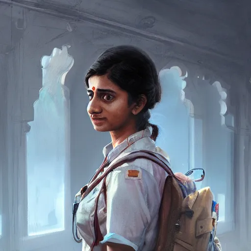 Prompt: Anxious young female Indian Doctor catching a flight, by Cedric Peyravernay, highly detailed, excellent composition, cinematic concept art, dramatic lighting, trending on ArtStation