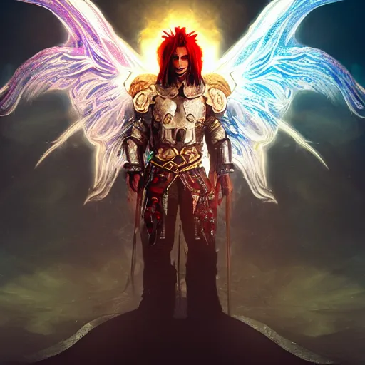 Prompt: psychedelic fantasy character art hyperrealism, white armor, black armor, caucasian, native american, european, asian, australian, brown hair with red and blue highlights, in a cinematic wallpaper, glitch effects, dissolve effects, noise, halo / nimbus, devils horns, angel wings, raven wings, hdr 8 k dop dof