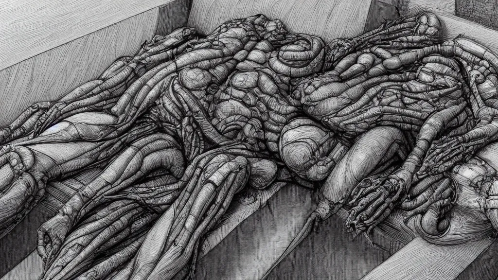 Image similar to comfortable bed that makes me want to sleep, hyperdetailed, artstation, cgsociety, style of Giger, H. R. GIGER, style of Junji Ito, 4K, highly detailed, minimalistic, minimalistic, minimalistic, fine tuned, machina