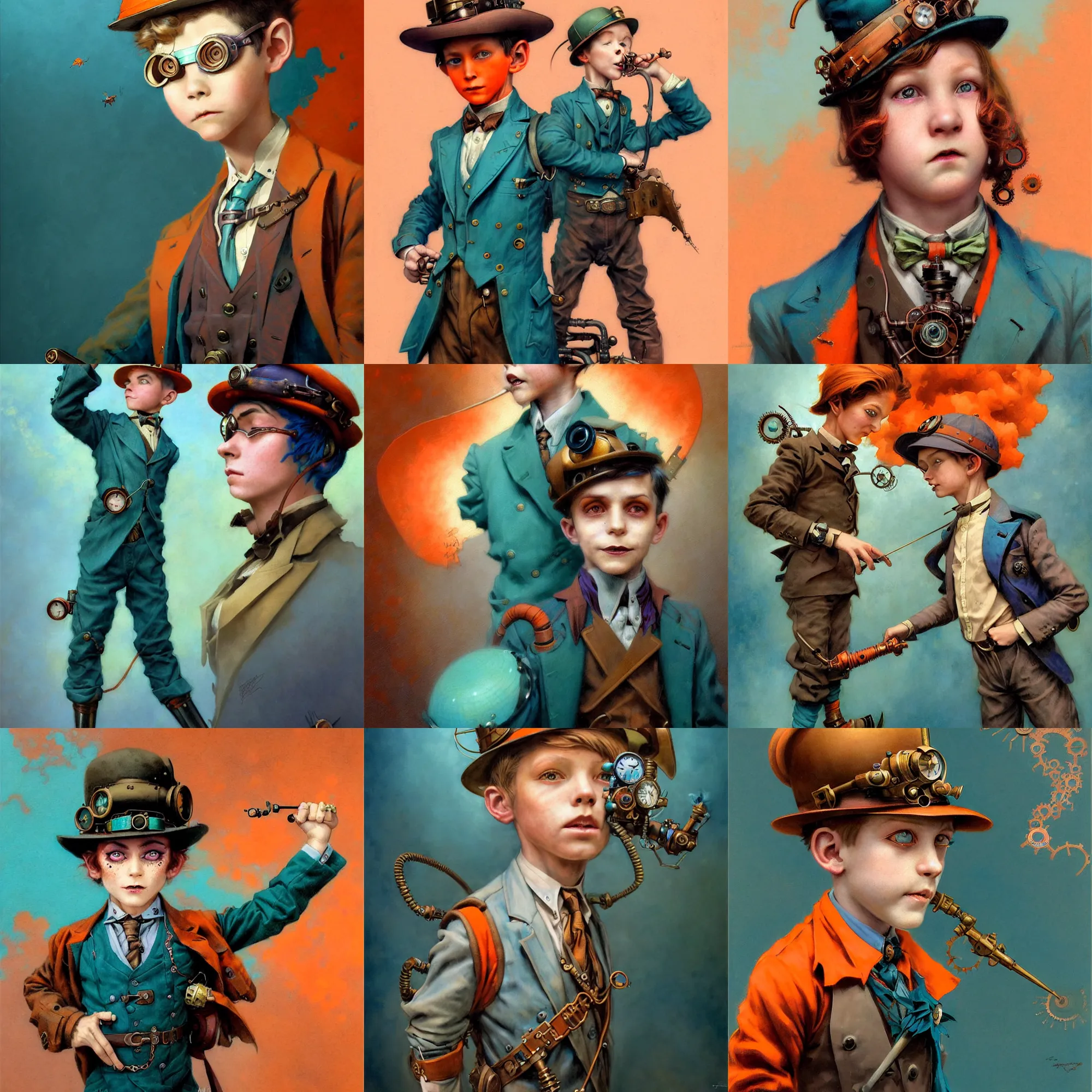 Prompt: beautiful realistic character portrait of a 8 year old steampunk boy hero in the 1 9 2 0 s, wearing 1 9 2 0 s cloth hair, coloured in teal and orange, muted colours, by peter mohrbacher, hajime sorayama, wayne barlowe, boris vallejo, aaron horkey, gaston bussiere, craig mullins