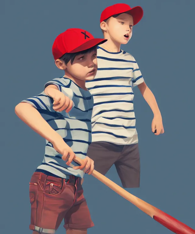 Image similar to a young boy wearing a horizontal striped shirt and a red baseball cap and jean shorts, holding a baseball bat, centered composition, digital painting, artstation, concept art, sharp focus, octane render, illustration, art by james jean,