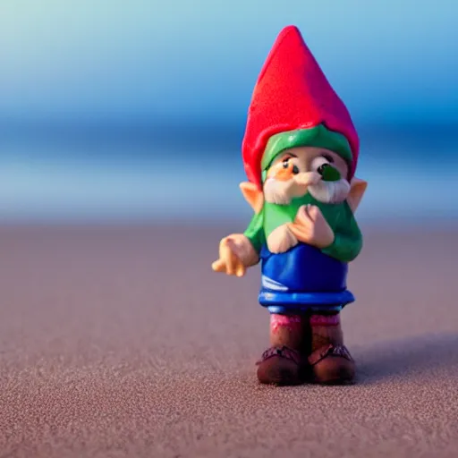 Prompt: cinematic front-view shot of a cute gnome standing on the beach during a sunset, 8k, dslr, highly intricate, highly detailed,