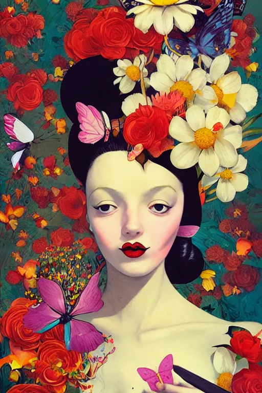Prompt: dream illustration woman with exotic flowers on her head, flowers, butterflies, surrealist style, Collage Art by James Jean, masterpiece, Edward Hopper and James Gilleard, Ross Tran, Mark Ryden, Wolfgang Lettl, Yayoi Kasuma