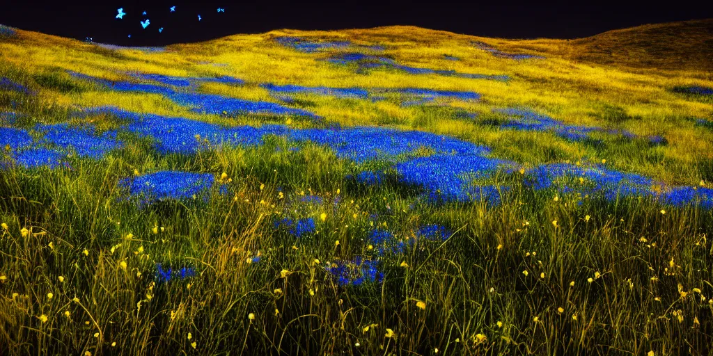 Prompt: ( * ) midnight, meadows on hills, blue flowers bloomed all over, glowing spores flying, photo, cinematic, 4 k, incredibly detailed, ephemere, feerique atmosphere contemplative