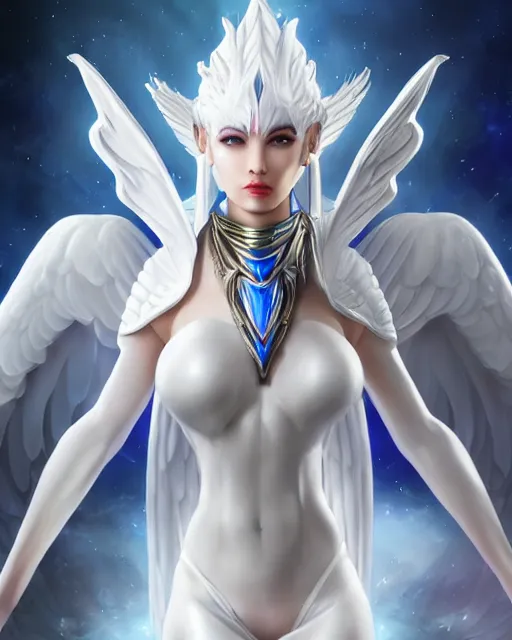 Image similar to perfect white haired attractive egyptian goddess with huge white dove wings, warframe armor, beautiful, symmetric, dreamy, half asian, pretty face, blue eyes, detailed, scifi platform, laboratory, experiment, 4 k, ultra realistic, epic lighting, android body, illuminated, cinematic, masterpiece, art by akihito tsukushi, voidstar