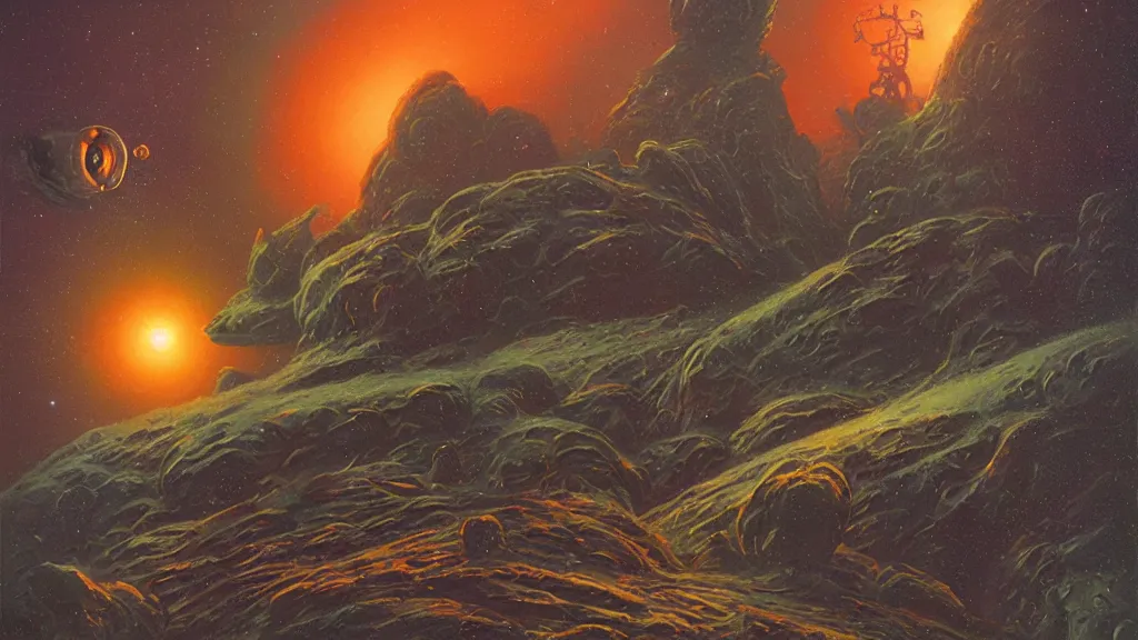 Prompt: mysterious whimsical sculpture of an alien cosmos by paul lehr and john schoenherr, cinematic matte painting