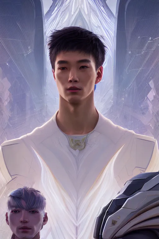 Image similar to portrait of a man with futuristic haircut, soft smile, final fantasy, league of legends champion, strong iridescent light, by chengwei pan and sakimichan and greg rutkowski and alphonse mucha, gradient white to gold, in front of a magical building background, highly detailed portrait, digital painting, smooth, focus illustration