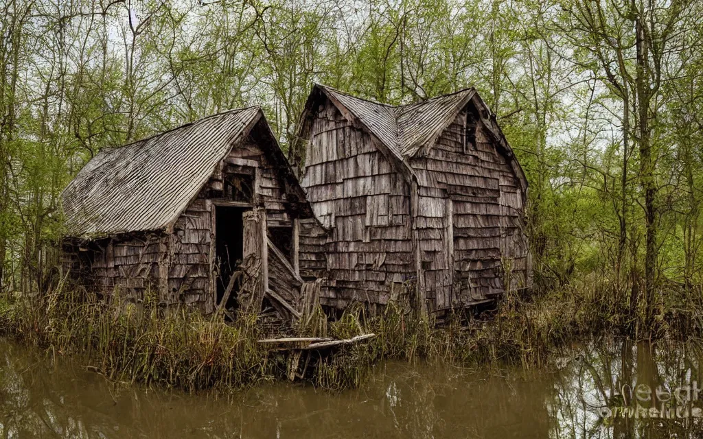 Prompt: an old rotten wooden chapel in a swamp, realistic, old color photograph, dynamic composition, creepy