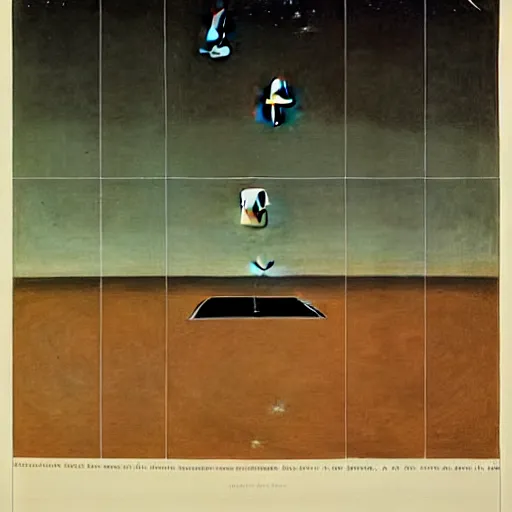 Image similar to a parade of disconnected images : obscure corners of nameless interiors, astronomical diagrams projecting the distances between celestial bodies, a painting by giorgio de chirico, a list of unpopular anagrams.