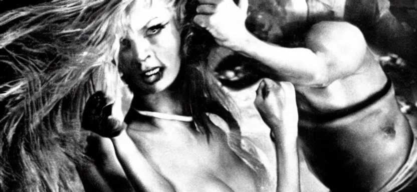 Image similar to a beautiful woman punching a monster in a film still from a roger corman film, hyperrealistic