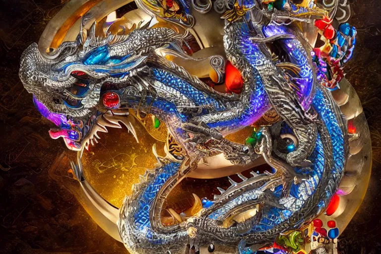 Prompt: cinematic shot of a silver chinese dragon intricately decorated with colorful jewels, detailed textures, midnight city lights, strong bokeh, dramatic lighting, unreal engine, cgsociety, artstation, 4k