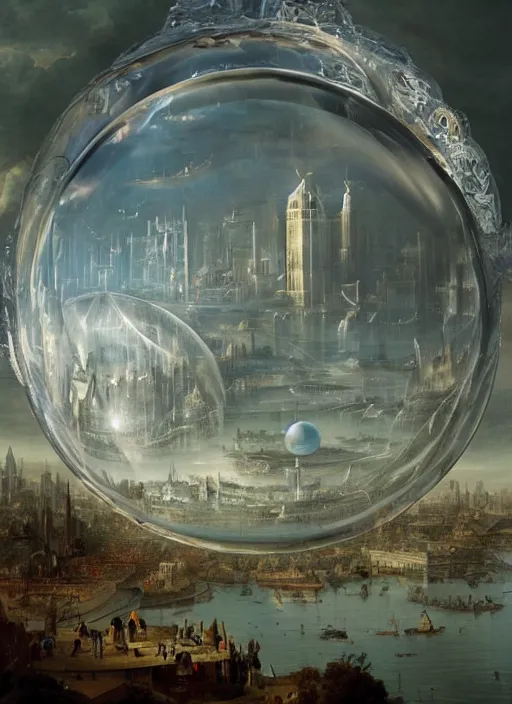 Image similar to a giant water bubble with a reflection of a city, modern fine art, fractal, intricate, elegant, highly detailed,, by jheronimus bosch and greg rutkowski,