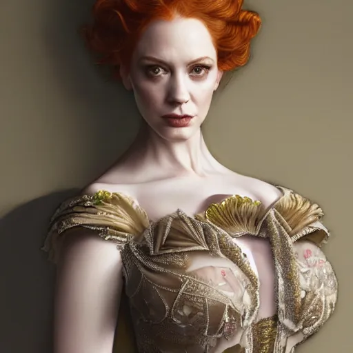 Prompt: Christina Hendricks wearing epic haute couture by Alexander McQueen, extremely beautiful and proportionate face, in the aesthetic of mert and marcus, masterpiece, intricate, elegant wardrobe, highly detailed, digital painting, artstation, concept art, smooth, sharp focus, illustration, art by artgerm and james jean and greg rutkowski and alphonse mucha