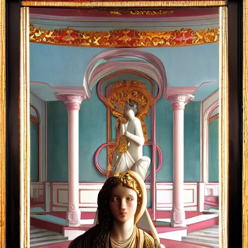 Image similar to a girl in a temple, film still by wes anderson, depicted by canova, limited color palette, very intricate, art nouveau, highly detailed, lights by hopper, soft pastel colors, minimalist
