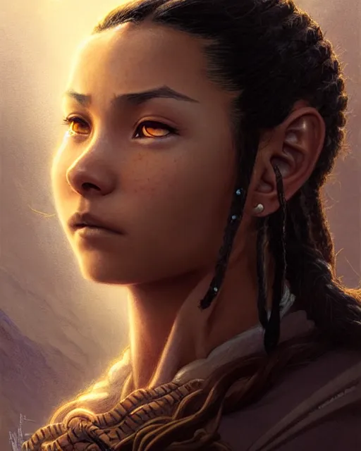 Image similar to katara from avatar the last airbender, character portrait, portrait, close up, concept art, intricate details, highly detailed by greg rutkowski, michael whelan and gustave dore