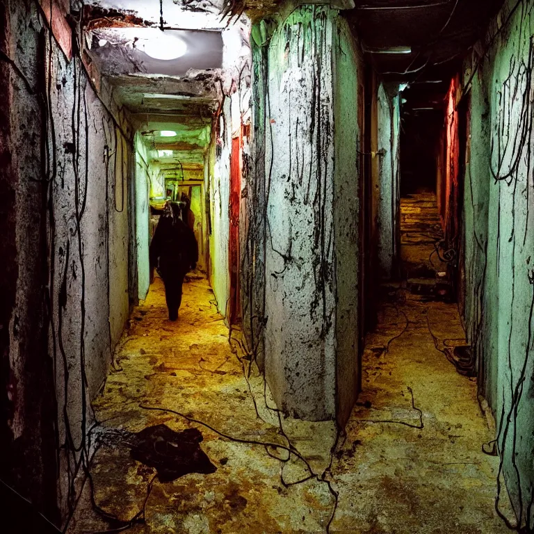 Prompt: dark decaying hallway with slime covered walls, wires and rebar hanging from ceiling and walls, old tube televisions mounted to walls, neon florescent lighting, hooded person obscured by shadows walking, vibrant colors, high detail, in the style of street photography, superia 400 film stock,