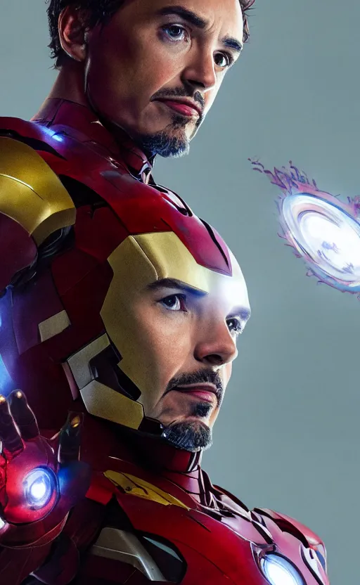 Prompt: portrait of robert sheehan as iron man from the avengers infinity war, character concept art, hyperrealistic, detailed, accurate illustration, dramatic lighting, action pose