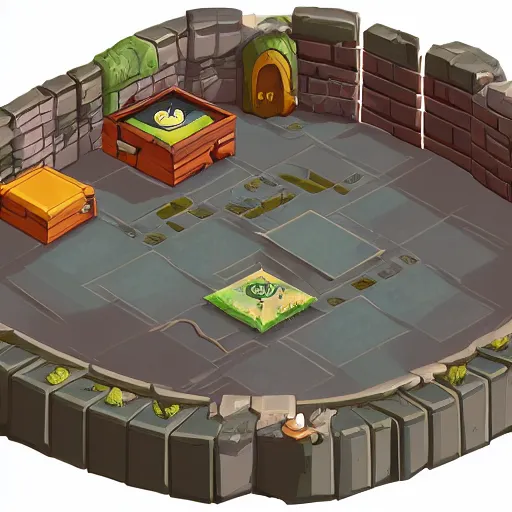 Image similar to A high detailed isometric vector art presenting an aerial view of a RPG room by dofus, Bastion, Transistor, pyre, hades, Patreon content, containing tables and walls, HD, straight lines, vector, grid, dnd map, map patreon, fantasy maps, foundry vtt, fantasy grounds, aerial view ,dungeondraft , tabletop, inkarnate, dugeondraft, roll20